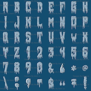 Druipend ijs letters digitale clipart | Afdrukbaar alfabet met smeltende ijspegel, cijfers, symbolen | Bevroren ijsbrieven direct downloaden | DL59