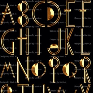 Letras Art Déco doradas elegantes / Alfabeto Art Nouveau PNG imprimible / Alfabeto Art Déco de descarga digital / DL29