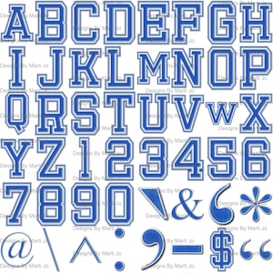 Blue Varsity Letters Digital Clipart / Alfabeto universitario imprimible, números, símbolos / Descarga instantánea de imágenes prediseñadas / Chaqueta universitaria PNG / DL71
