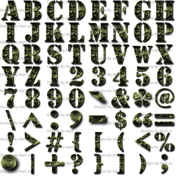 Camo Buchstaben PNG Dunkelgrün | Druckbares Militär Alphabet, Zahlen, Symbole | Camouflage Buchstaben Clipart | DL13