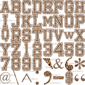 May include: Leopard print alphabet and number clipart with a white outline. The letters and numbers are in a varsity style font. The clipart includes punctuation marks, symbols, and a leopard print square.