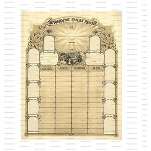 May include: A vintage-style family record chart with a decorative border and ornate flourishes. The chart is divided into sections for names, dates, and photos. The words "PHOTOGRAPHIC FAMILY RECORD" are at the top of the chart.