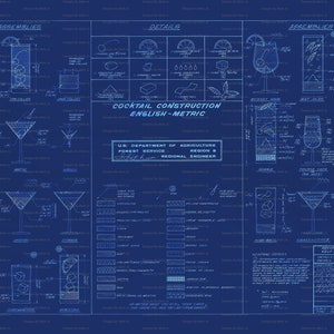 Cocktail Blueprint Bar Wandkunst | Druckbare 18 x 24 Zoll Bar Kunstdruck | Zwei Farben | JPG- und PDF-Versionen | Sofortdownload | VPO23