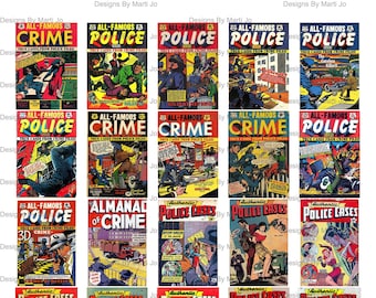 Vintage misdaad stripboekomslagen | 100 politie-stripomslagen op vier 8,5 x 11 inch JPG-vellen | Pulp paperbackomslagen | Direct downloaden | TC16