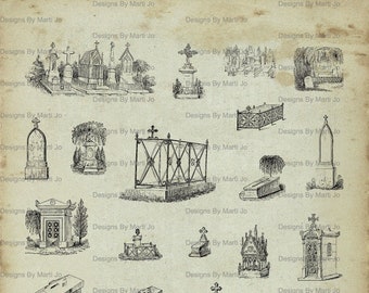 Elementos prediseñados de cementerios antiguos / Tres archivos PNG relacionados con funerales de 8,5 x 11 pulgadas / Descarga instantánea / Uso comercial permitido / VC128