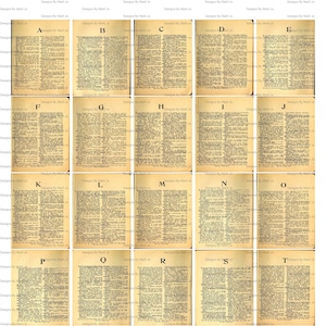 印刷可能なビンテージ ミニチュア辞書ページ | 26 ページ - A-Z | 8.5 x 11 JPG および PDF ファイル | 3 つの異なるサイズ: 5x5、5x6、6x5 | MIN11
