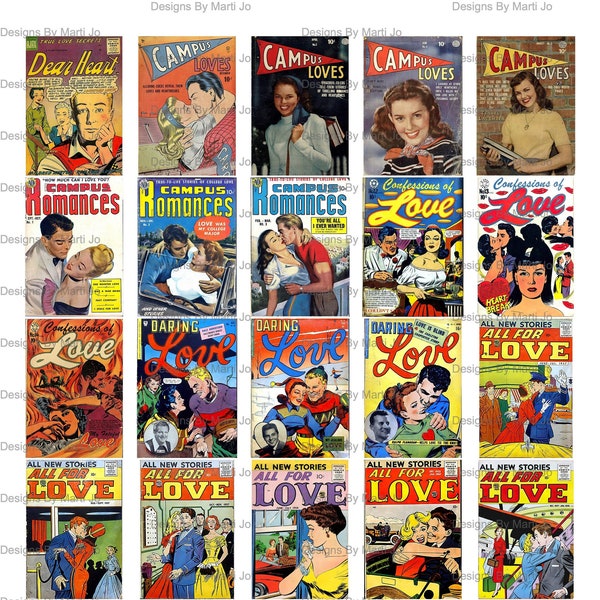 Vintage Romance Comic Book Covers Set 2 | 50 Vintage Covers On 2 JPG And PDF Pages | Instant Download | Commercial Use OK | VP44