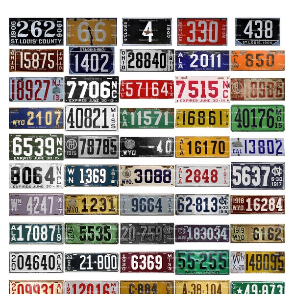 3 Vintage License Plate Sheets | NOTE: Does Not Include All 50 States | 8.5 x 11 JPG Files - 60 Per Page | Digital Car Ephemera | VC133