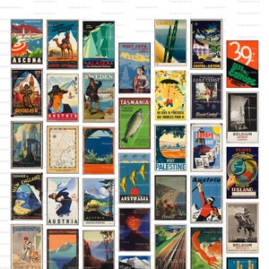 Pacote Super de Cartazes de Viagem Vintage em Miniatura para Imprimir | 200 Cartazes de Viagem Vintage para Imprimir em 5 Páginas JPG | Download Instantâneo | MIN1