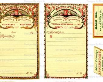 Può includere: Due moduli di prescrizione vintage con bordi decorati. Il modulo superiore è per A.G. Vreeland & Co., Farmacisti e Speziali, Salamanca, New York. Il modulo inferiore è per Bishop & Co., Farmacisti, Visalia e Fresno, California. Entrambi i moduli hanno uno spazio per la data, uno spazio per la prescrizione e uno spazio per la firma del medico.