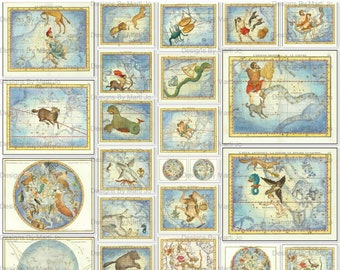 フランスのビンテージポスター 天文学 | 29 色の印刷可能な星座 JPG | ボーナス: 8.5 x 11 JPG 2 枚とすべての画像の PDF (3x5) | JJ82