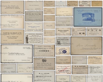 Könnte beinhalten: Eine Collage von Vintage-Visitenkarten aus den frühen 1900er Jahren. Die Karten zeigen eine Vielzahl von Unternehmen, darunter einen Fliesen- und Kaminleger, ein Schreibwarengeschäft, einen Imbissstand, einen Korklieferanten, eine Tür- und Fensterfirma, einen Uhrmacher, ein Kaufhaus, einen Künstler, eine Feuerwerksfirma, eine Hutmacherin, einen Elektriker, einen Bauingenieur und eine Investmentfirma. Die Karten sind auf einer Vielzahl von Papiersorten gedruckt und zeigen eine Vielzahl von Schriftarten und Illustrationen.