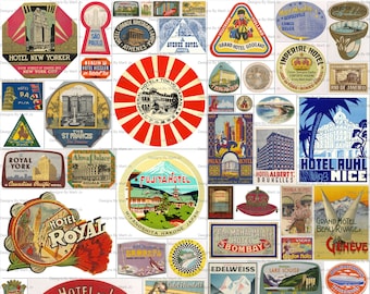 Printable Vintage Luggage Labels Kit 1 | 50 Vintage Sticker Antique Suitcase Clipart Instant Download | Commercial Use OK | VL12
