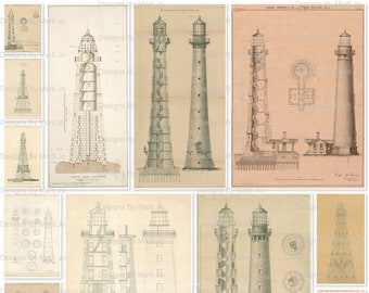 36 Vintage Lighthouse Blueprint Illustrations | Digital Architectural ...
