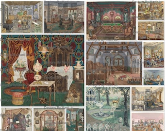 Paper Dollhouse Backgrounds 7 | 24 Premium Vintage Printable Paper Dollhouse Backgrounds JPG Clipart | Digital Instant Download | PD2