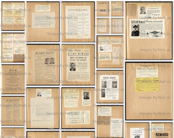 May include: A collection of vintage newspaper clippings with black and white photographs and text. The clippings are about missing persons, wanted criminals, and rewards for information. The text includes phrases like "$1500 Reward", "Missing Person", "$25.00 Reward", and "The Police Bulletin".