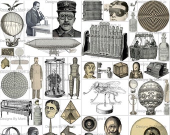 Vintage Steampunk Clipart Elements | 50 Printable Science Fiction PNG Items | BONUS: Two 8.5 x 11 Jpgs And Pdfs Of All Images (5x5) | VC62