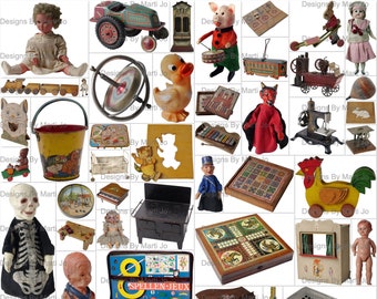 Vintage Fussy Cut Toys Clipart Set 1 | 50 Individual Printable Vintage Colored Toy PNG Files And JPG Files With all 50 Toys | VC27