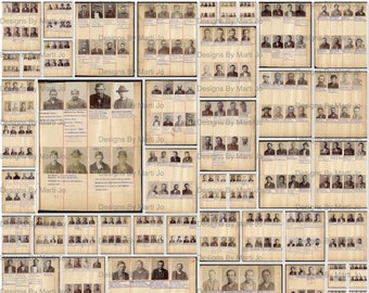 May include: A collage of vintage mugshots of men, each with a different facial expression and hairstyle. The mugshots are arranged in a grid pattern on a yellowed paper background. The text "Designs By Marti Jo" appears at the bottom of each mugshot.