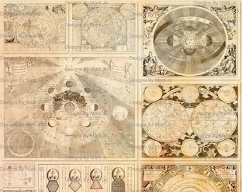 May include: A vintage collage of celestial maps and diagrams in shades of brown and beige. The images depict the phases of the moon, constellations, and planetary orbits. The text includes Latin phrases and scientific terms.
