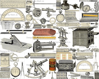 Equipos de dibujo y topografía vintage Elementos PNG / Suministros de ingeniería vintage Clipart / Descarga instantánea / Uso comercial OK / VC37