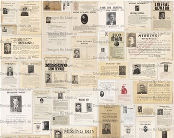Vintage Missing Person Reward Posters | 50 Printable JPGs | True Crime Ephemera | BONUS: Two 8.5x11 Jpgs And Pdfs Of All Images (5x5) | TC1