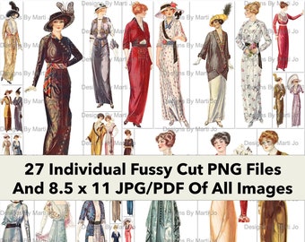 Vintage 1913 Fussy Cut Ladies Fashion Images | 27 Clothing Clipart PNG Files | BONUS: One 8.5 x 11 Jpg And Pdf Of All Images (6x5) | VP11