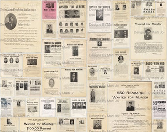 Vintage Wanted For Murder Posters | True Crime Ephemera | 50 Printable JPGs | BONUS: Two 8.5x11 Jpgs And Pdfs Of All Images (5x5) | TC2