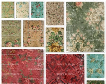 Utskrivbara shabby chic vintage tapetmönster | 12 JPG-sidor med slitna tapeter i gammal stil | Direkt nedladdning | Kommersiellt bruk OK | PD5