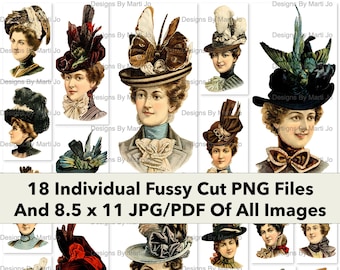 Moda na kapelusze damskie z 1900 roku | 18 plików PNG z klipartami vintage dla kobiet do wydrukowania | BONUS: Jeden plik JPG 8,5 x 11 i PDF wszystkich obrazów (5 x 5) | VP33