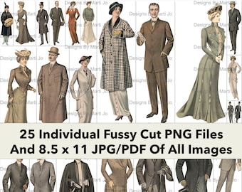 25 Vintage Digital Ephemera People Set 2 | Printable Early 1900's Fashion PNG Files | BONUS: One 8.5 x 11 Jpg/Pdf Of All Images (5x5) | VP20
