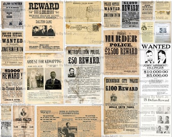 Vintage Wanted / Reward Posters | 28 Printable JPG Files | People Ephemera | Digital Download | TC8