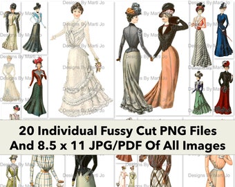Vintage 1899 Fussy Cut Ladies Fashion Images | 20 Printable Clothing PNG Files | BONUS: One 8.5 x 11 Jpg And Pdf Of All Images (5x5) | VP1