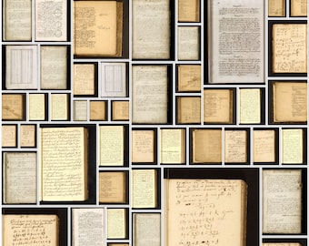 May include: A collage of 36 images of handwritten pages from a vintage notebook. The pages contain mathematical equations, scientific notes, and other handwritten text. The pages are yellowed with age and have a worn, antique look.