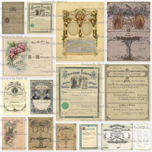 Vintage Heiratsurkunden Super Bundle Set 2 | 15 druckbare JPG Vintage Heiratslizenzen | 7 Blanko und 8 Ausgefüllt | JJ113