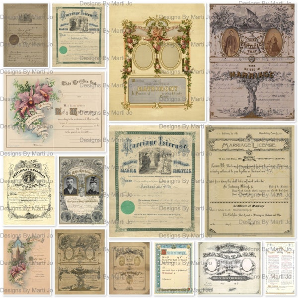 Vintage Marriage Certificates Super Bundle Set 2 | 15 Printable JPG Vintage Marriage Licenses | 7 Blank And 8 Filled Out | JJ113