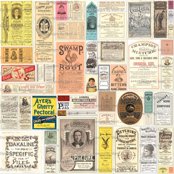 Vintage Medicine Labels Kit 1 | 50 Printable Old Medicine Ads JPG Labels | BONUS: Two 8.5 x 11 Jpgs And Pdfs Of All Images (5x5) | VL4
