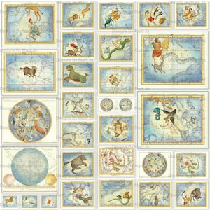 Franse vintage posters Astronomie | 29 gekleurde afdrukbare sterrenbeeld JPG's | BONUS: twee 8,5 x 11 JPG's EN PDF's van alle afbeeldingen (3x5) | JJ82