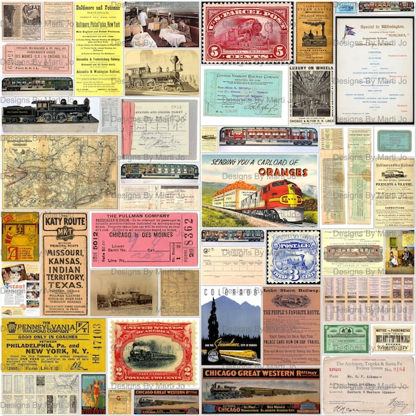 Vintage Train Scrapbooking Clipart | 50 Printable Vintage Train Travel JPG Files | Train Junk Journal | Digital Instant Download | VC34