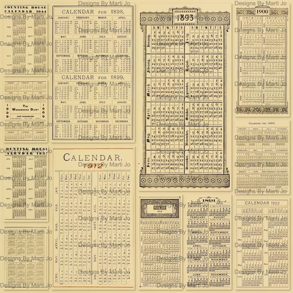 12 Vintage Yearly Calendar Overlay PNG Files | Printable Vintage Ephemera | Instant Download | Commercial Use OK | PNG53