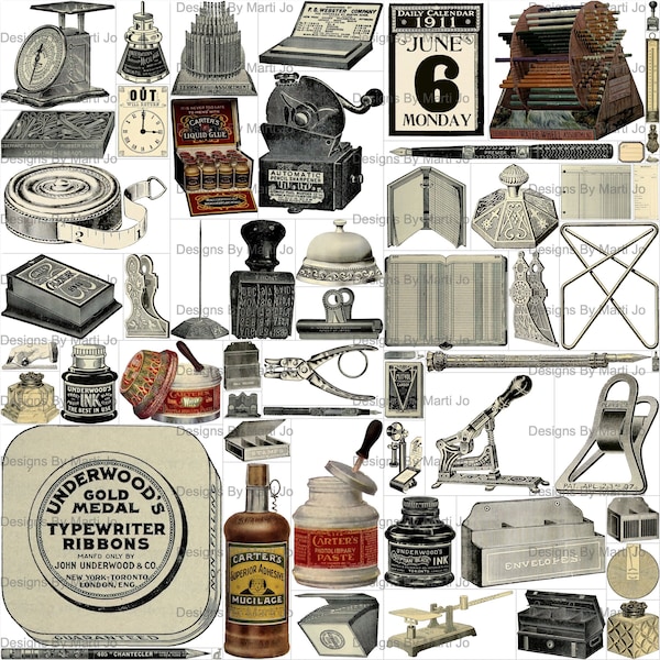 Vintage Office Supplies Elements Kit 1 | 60 Printable Vintage Business Items | BONUS: Two 8.5 x 11 Jpgs Of All Images (5x6) | VC65