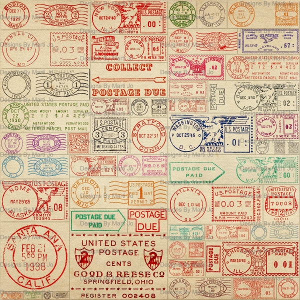 Vintage postzegels voor postzegels | 50 afdrukbare postmeter PNG's | BONUS: twee 8,5 x 11 PNG's van alle afbeeldingen (5x5) | VC141