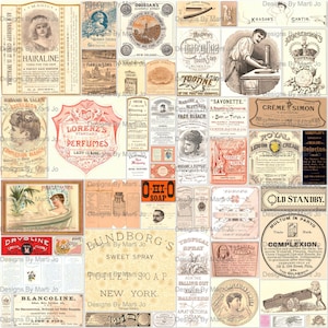 Etiquetas Relacionadas a Beleza Vintage | 50 Etiquetas de Produtos de Sabonete, Creme e Perfume Antigos para Imprimir | Download Instantâneo | Uso Comercial OK | VL48