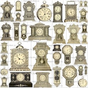 Vintage Clock Clipart | 35 Fussy Cut Antique Clocks PNG Files | BONUS: One 8.5 x 11 Jpg And Pdf Of All Images (5x7) | VC83