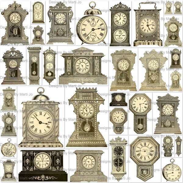 Vintage Clock Clipart | 35 Fussy Cut Antique Clocks PNG Files | BONUS: One 8.5 x 11 Jpg And Pdf Of All Images (5x7) | VC83