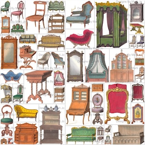 Conjunto de folhas de colagem de móveis vintage 3 | 50 PNGs de casa de bonecas de papel para impressão | BÔNUS: dois JPGs de 8,5 x 11 e PDFs de todas as imagens (5x5) | VC124