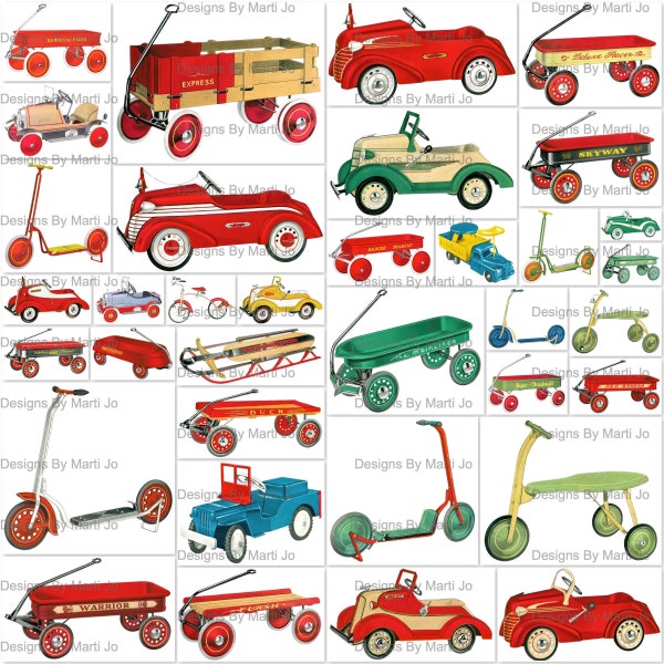 Vintage Fussy Cut Steel Riding Toys | 35 Printable Colored Retro Toys Clipart PNG Files And JPG/PNG Files With all 35 Toys | VC149