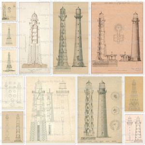 Vintage Lighthouse Drawings | 12 Lighthouse Blueprint Illustrations | Includes 8.5 x 11 JPG And PDF Of All Images | JJ83