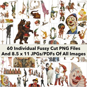 Conjunto de clipart de circo vintage 3 | 60 PNGs de itens efêmeros de circo com cortes finos para impressão | BÔNUS: dois Jpgs e PDFs de 8,5 x 11 de todas as imagens (5x6) | VC115