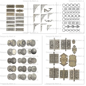 Puede incluir: Un collage digital de ilustraciones vintage que presentan varios diseños de herrajes. La fila superior incluye bisagras de puerta decorativas, tiradores de puerta y un diseño de eslabón de cadena. La fila del medio presenta una variedad de pomos de puerta con diseños intrincados. La fila inferior presenta una colección de bisagras de puerta con detalles ornamentados.